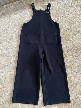 Mododoc Black Cropped Wide-Leg Overalls with Front Pockets Ribbed Cotton: Med